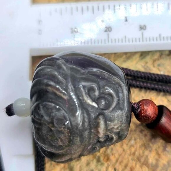 Nature Silver Obsidian Cat Eye Flash Daruma Doll Pendant Necklace - Picture 3 of 10